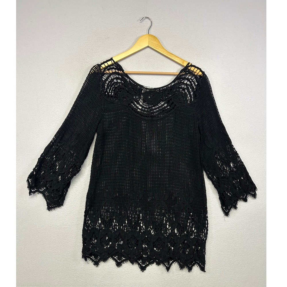Boho Forgotten Grace Womens Large Black Crochet Lace Bell Sleeve Tunic Top 9185